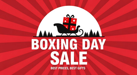 Festive Boxing Day sale advertisement featuring a sleigh carrying a gift box.