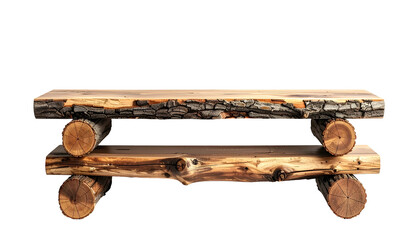 Wooden two-tiered shelf handcrafted from natural logs, rustic appearance, against black