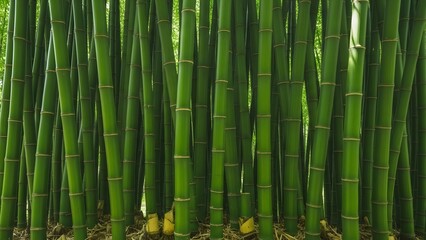 Fototapeta premium A dense grove of vibrant green bamboo stalks growing closely together in a natural setting.