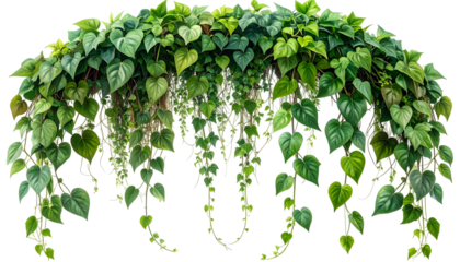 Lush green heart-shaped leaves forming a hanging arch, cascading downwards