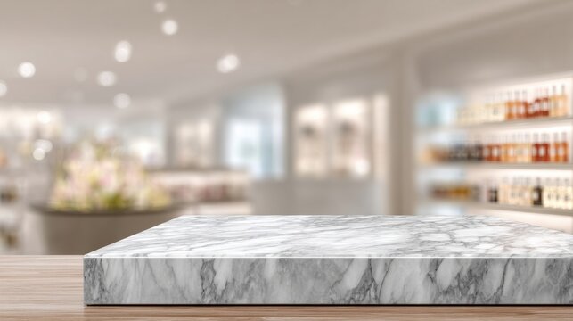Elegant Marble Table in Modern Luxury Store Interior With Blurred Premium Products in Background