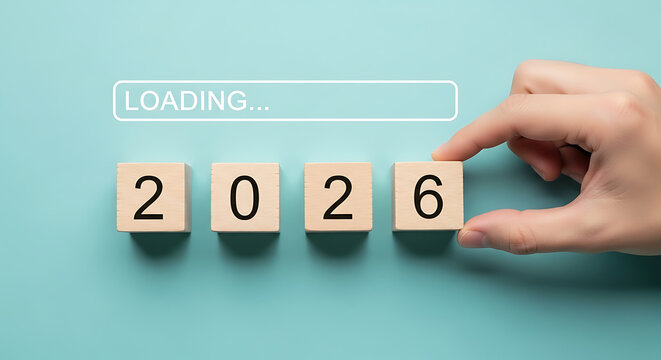 Hand placing a wooden block with the number 6 to complete the year 2026 under a loading bar.