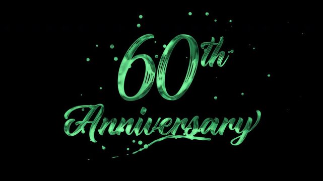 60th anniversary text animation in green metallic effect. suitable for celebrating special occasions, invitations, anniversary cards and social media. Includes alpha channel for any background.