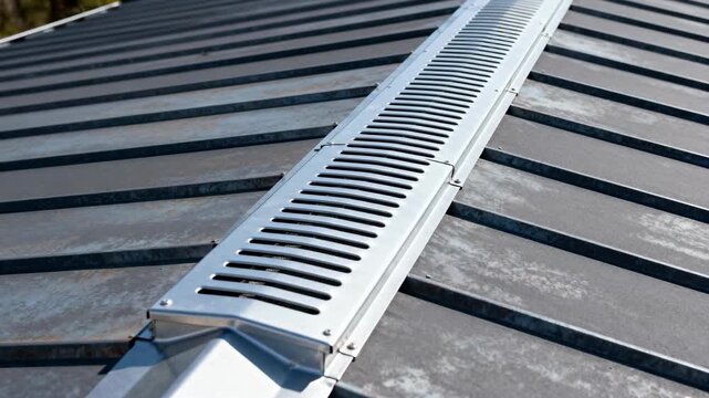 Medium angle highlighting a ridge vent running along the peak of a metal roof facilitating continuous airflow to regulate indoor temperature and roof longevity.