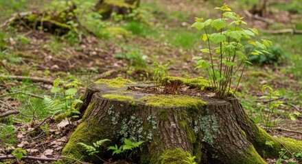 Obraz premium Resilient scene of tender saplings sprouting vigorously from a weathered timber remnant signifying regeneration