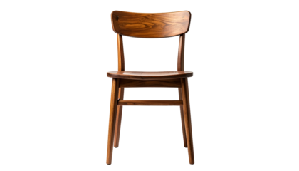 A front-facing shot of a wooden chair with a solid back against a black background