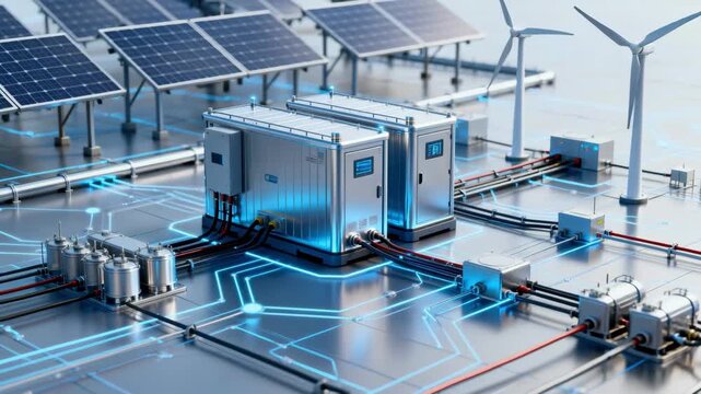 Medium shot of energy storage systems connected to an advanced grid network highlighting seamless integration of renewable sources.