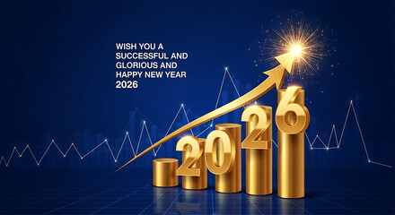 Golden 2026 New Year graphic with upward trending arrow, wishing a successful and glorious year on a blue background.