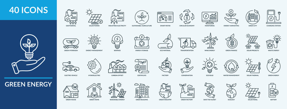 Green energy icon set. Containing wind energy, solar power, geothermal, eco material and more. Outline vector icons collection