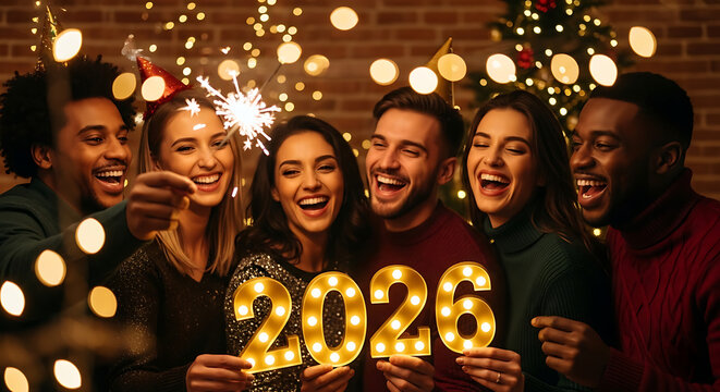 Group of friends celebrating New Year 2026 with sparklers and illuminated numbers.