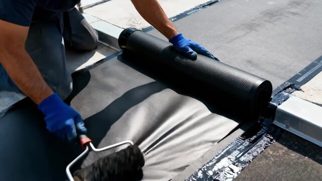 Closeup medium shot of a worker carefully rolling out EPDM rubber membrane on a flat roof securing edges to ensure waterproof protection.