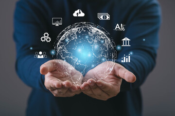 Hands holding a glowing digital globe surrounded by business, finance, AI, and cloud icons, symbolizing global technology, innovation, digital transformation, data analytics, corporate connectivity.