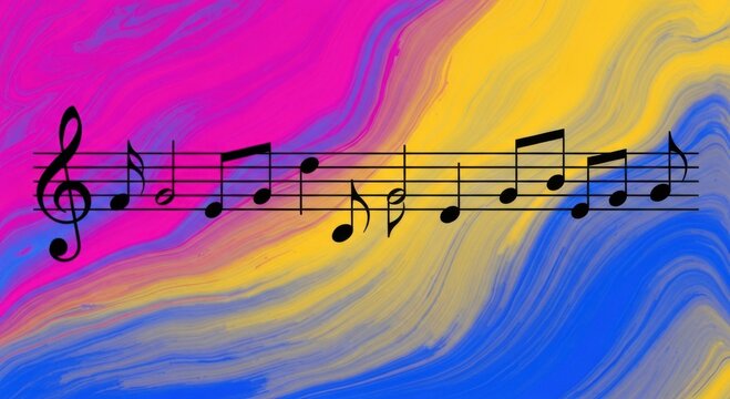 Series of melodic symbols representing a classical composition isolated on vivid hues