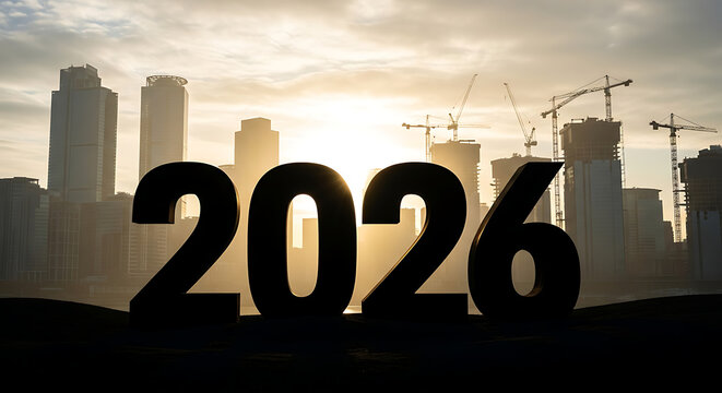 The year 2026 is displayed in large numbers against a backdrop of a cityscape with cranes and a rising sun.