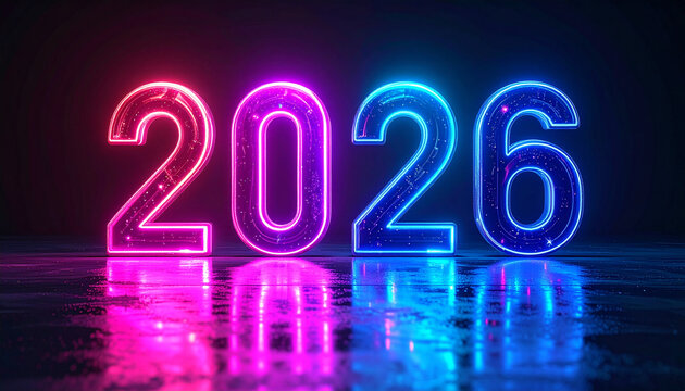 2026 glowing neon numbers with pink and blue light reflections on wet surface, futuristic design with dark background creating vibrant and dynamic atmosphere