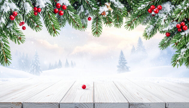 Winter holiday background with snow covered fir branches and red berries hanging above white wooden table, creating festive and peaceful atmosphere with falling snow - Powered by Adobe