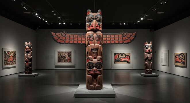 Museum featuring totem poles with redblack motifs exhibited with related artwork under spotlighting