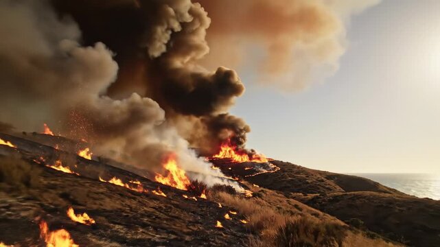 Dramatic wildfire engulfs scenic hillside with intense flames and smoke. a powerful display of nature's fierce and uncontrollable force.