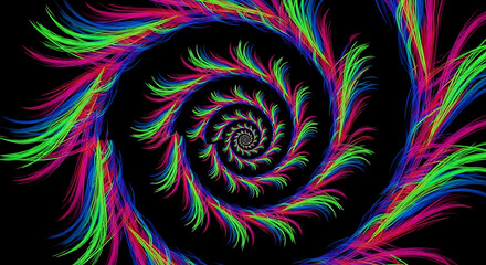 A vibrant spiral of colorful feathered lines against a stark black background design element art