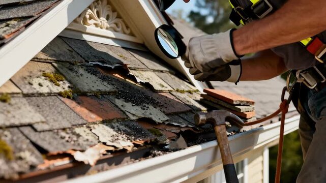 Inspector closely examining triangular gable roof shingles for damage and signs of wear during routine building maintenance in daylight.