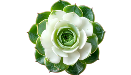 Overhead view of a succulent plant with layered leaves of white, light, and dark green