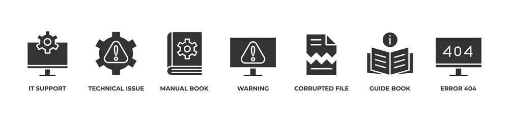 Technical Help Center Icons set vector illustration glyph with It support, Technical issue, Manual book, Warning, Corrupted file, Guide book, Error 404