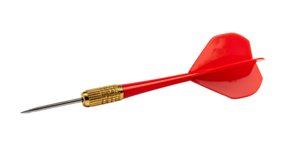 A single, red and gold dart with a sharp metal point isolated on a black background