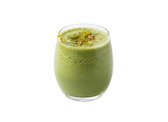 Refreshing Green Matcha Smoothie Topped with Crushed Pistachios and Sprinkles in a Clear Glass Isolated on a Black Background Perfect for Healthy Lifestyle Promotions