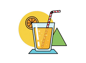 Refreshing Orange Juice in a Clear Glass With a Striped Straw and Orange Slice Garnish Abstract Geometric Shapes Background Flat Design Minimalist Vector Illustration