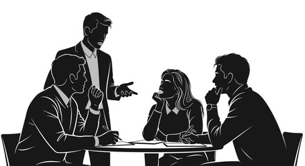 Four business people in silhouette around a table, one standing and gesturing, others listening and writing