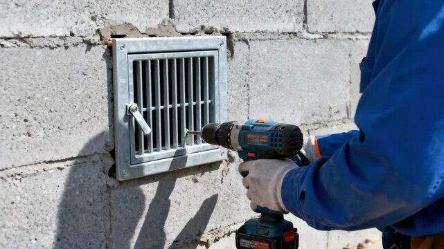 Worker installing a manual foundation vent on a concrete wall to ensure proper air circulation and prevent dampness.