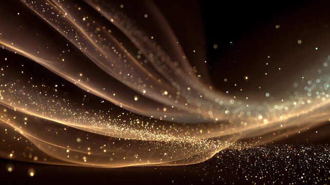 Dark brown background, digital signature with particles, sparkling waves, curtains and areas with deep depths. The particles are golden light lines.