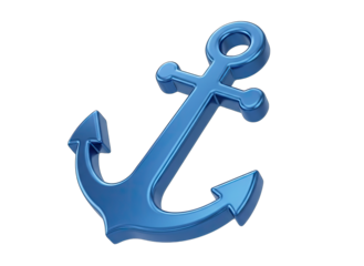 Shiny Blue Metallic Nautical Anchor Symbol Isolated on Transparent Background with Soft Studio Lighting and Subtle Reflections