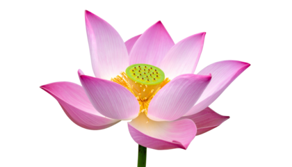 A close-up of a blooming pink lotus flower with a yellow center and green seed pod