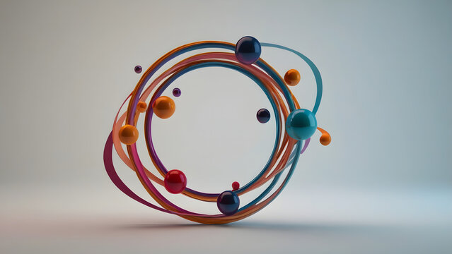 Abstract 3D rendering of swirling colorful lines and spheres in a dynamic orbit, representing technology and science concepts