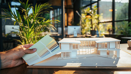 Architect reviewing color palette swatches beside contemporary white architectural model in bright office