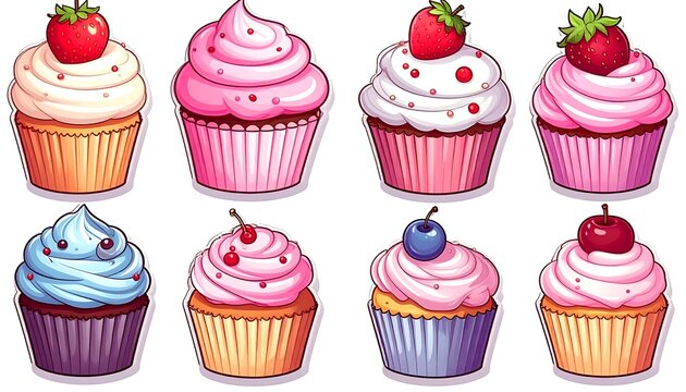 Assortment of eight stylized cupcakes with various frosting colors and fruit toppings in vibrant cartoon illustration