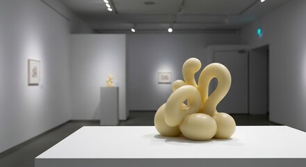 Gallery view offwhite sculpture on a white plinth spotlight art on walls in a minimalist space