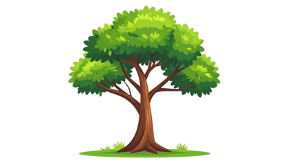 A cartoon tree with lush green foliage, a brown trunk, and small patches of grass