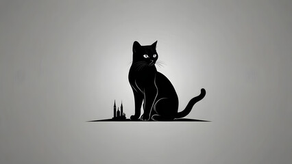 Minimalist illustration of a black cat sitting on grass with a subtle urban skyline in the background, creating a sleek and modern aesthetic