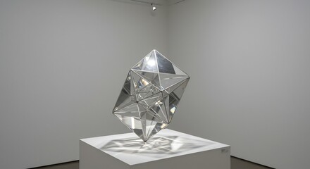 Geometric mirrored sculpture on a white pedestal against a gray wall in a gallery space