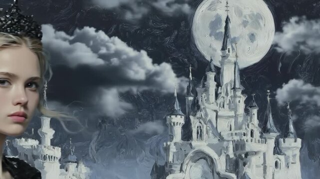 An elegant woman with styled hair stands against a night sky, her dark attire contrasting with the glowing moon. A grand castle rises behind her, adding a touch of magic to the sce