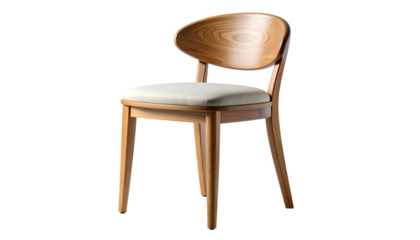 Wooden chair with curved back and cushioned seat, set against a black background