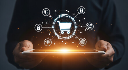 A person holding a tablet displaying an online shopping cart with connected digital icons.