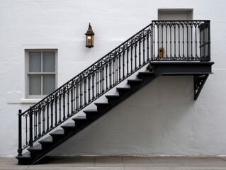 A black wrought iron staircase ascends a white exterior wall with a window and light fixture nearby