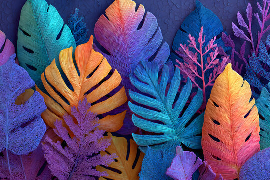 Creative fluorescent color layout made of tropical leaves. Flat lay neon colors. Nature concept.