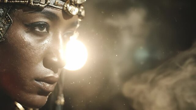 A fierce woman clad in metallic attire stands confidently amidst a dramatic backdrop filled with shadows and glowing specks. Her attire reflects a bold style that captures attentio