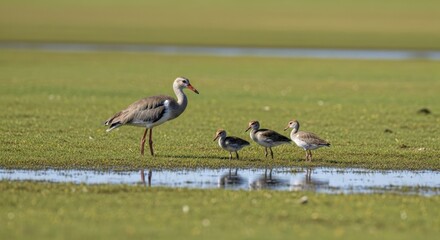 Peaceful Family Scene: Grey Crowned Crane with Chicks in Wetland Habitat on Sunny Day
