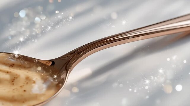 A shiny spoon holds creamy sauce, featuring delicate swirls and flecks of spice throughout the smooth texture. The warm tones blend beautifully with sparkling light reflections aro