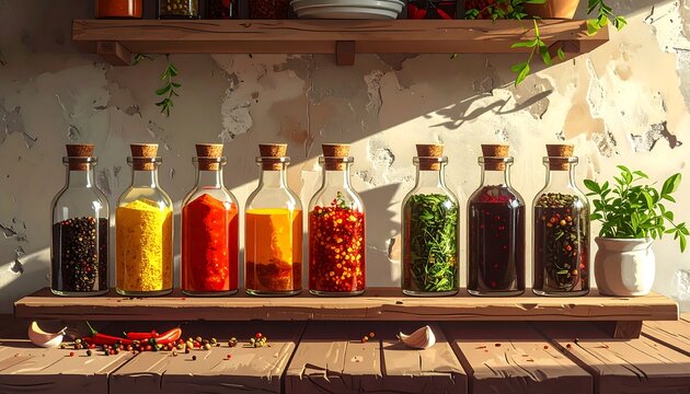 Assortment of glass spice jars lined on a wooden shelf, alongside a countertop with herbs, and peppers. Sunlight casts shadows